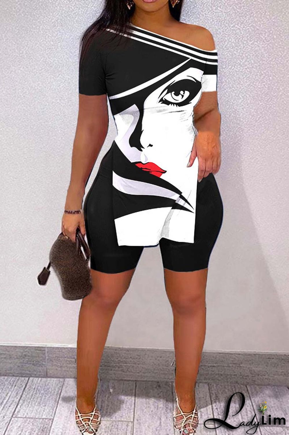 Black Casual Print Slit Oblique Collar Short Sleeve Two Pieces