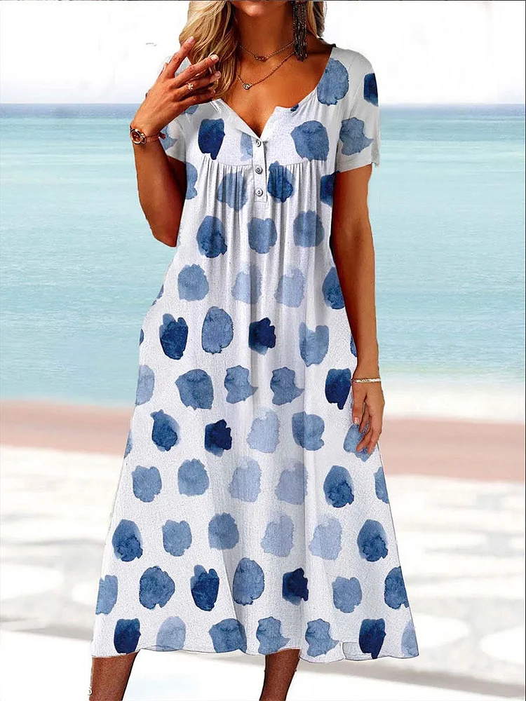 Round Neck Casual Loose Smudge Print Short Sleeve Midi Dress