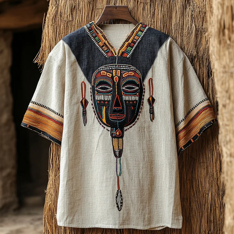 VChics Men's Tribal African Masks Embroidery Art Print Linen T-shirt