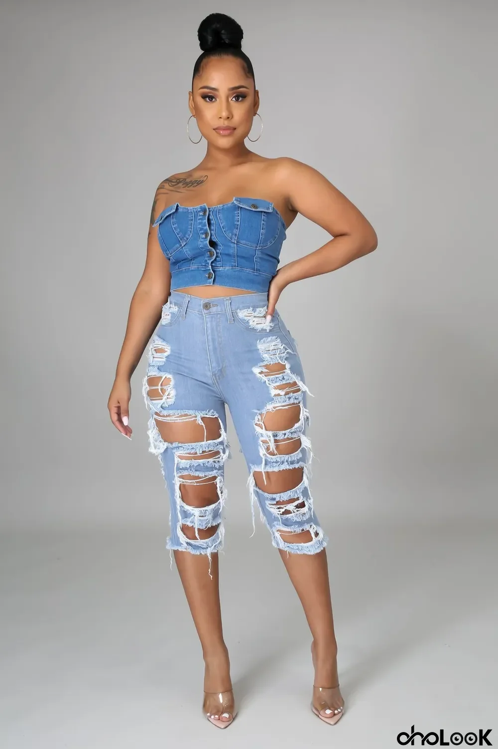Denim Ripped Hole High Waist Half Lenghth Jeans