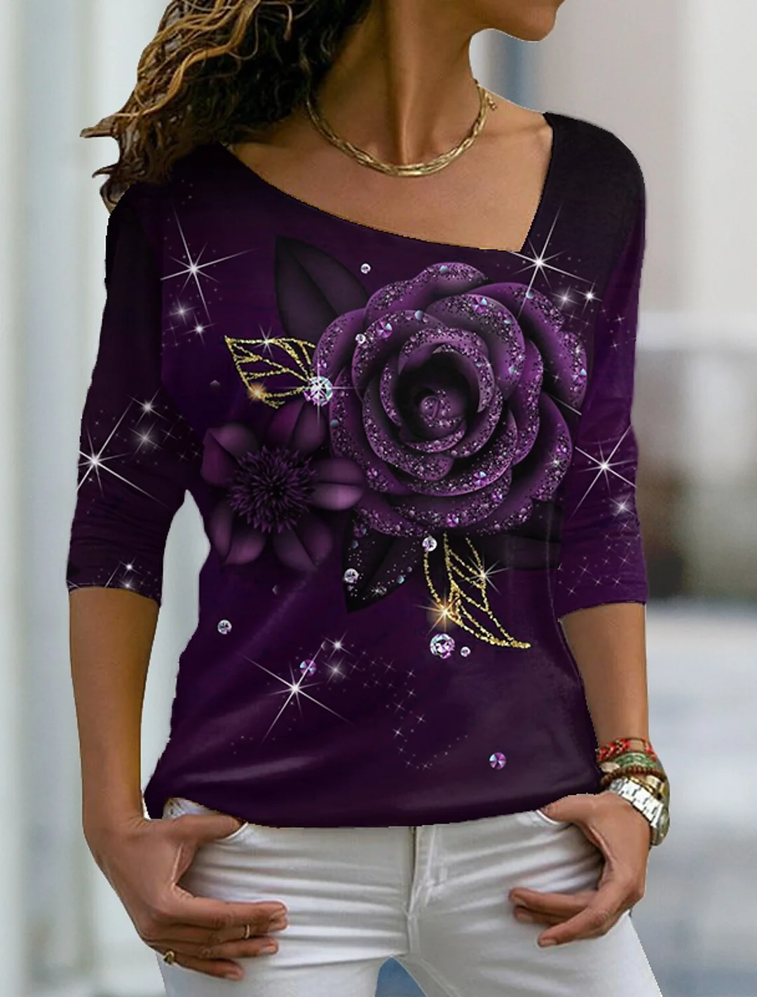 Designer rose flower irregular collar casual T-shirt
