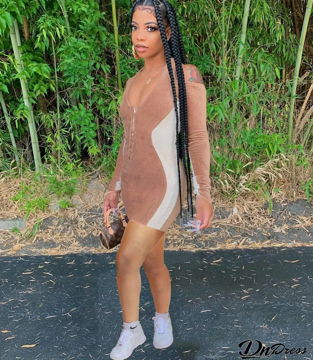 Sexy Halter Backless Zipper Long Sleeve Mini Dress