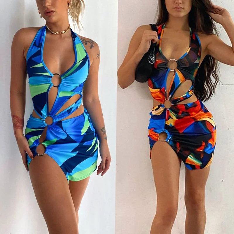 Sexy Women Halter Short Bodycon Dress Summer Party Club Hollow Out Ring Mini Sundress Cutout Sleeveless Backless Wrapped Outfit