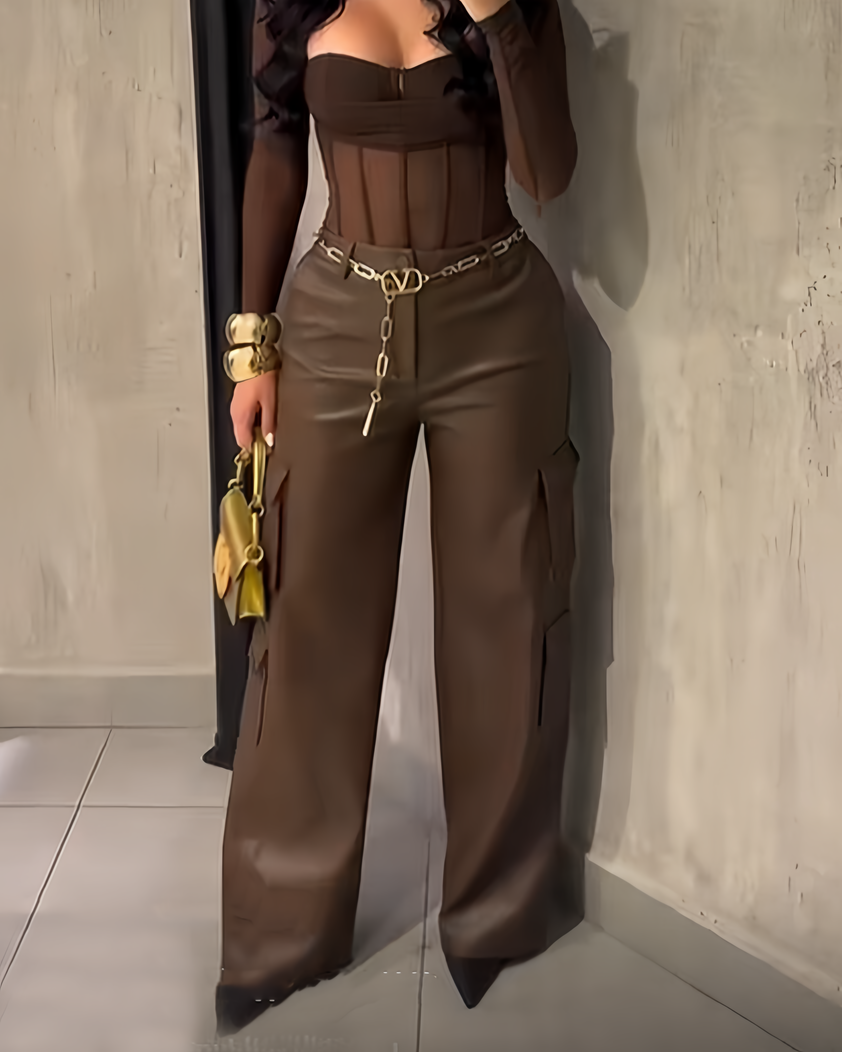 Stylish Workwear Style Wide Leg Leather Pants