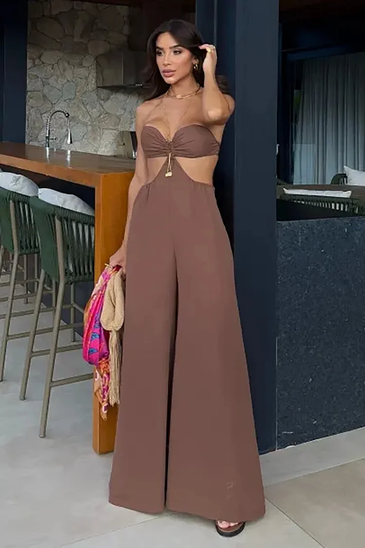 Strapless Cutout Wide Leg Solid Color Jumpsuit-Brown [Pre Order]