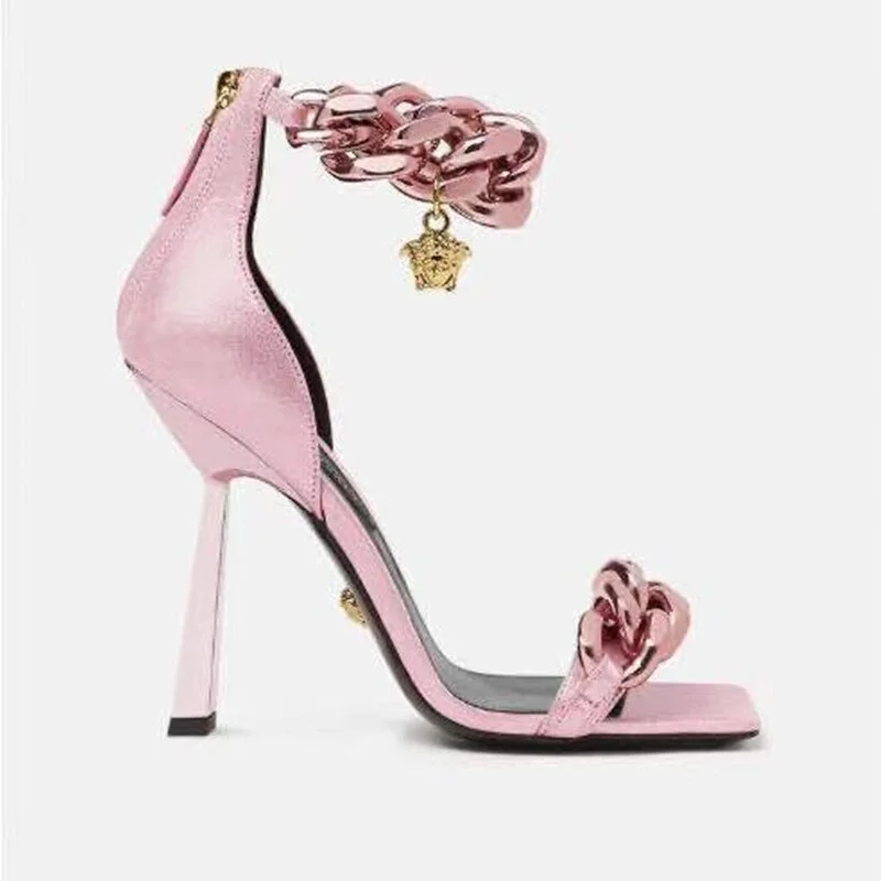 New Fashion Chain High Heel Sandals Women Square Open Toe Rome Sandlas Sexy Party Shoes Plus Size Woman  Zip Peep Toe