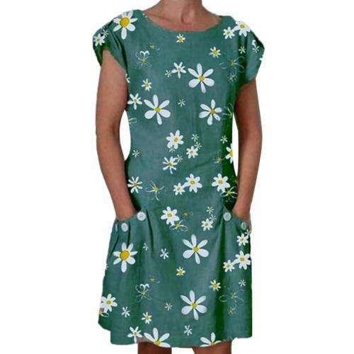 Women Casual O Neck Short Sleeve Marguerite Print Pockets Knee-length Dress Marguerite Print Easy to Match