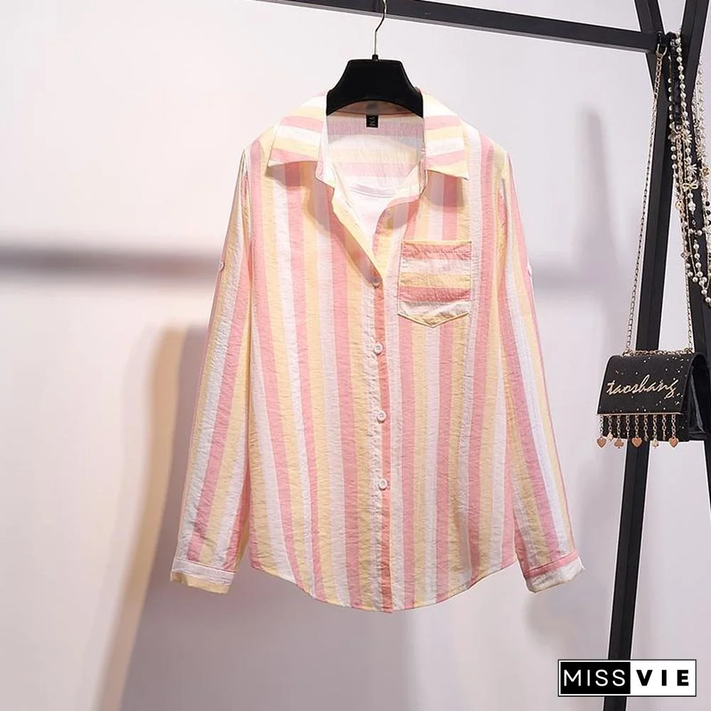 Stripe Blouse+Hole Denim Shorts P15521
