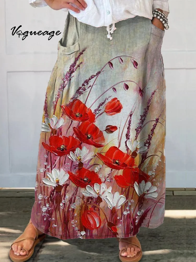 Oil Painting Elegant Flowers Printed Women's Casual Cotton And Linen Skirt