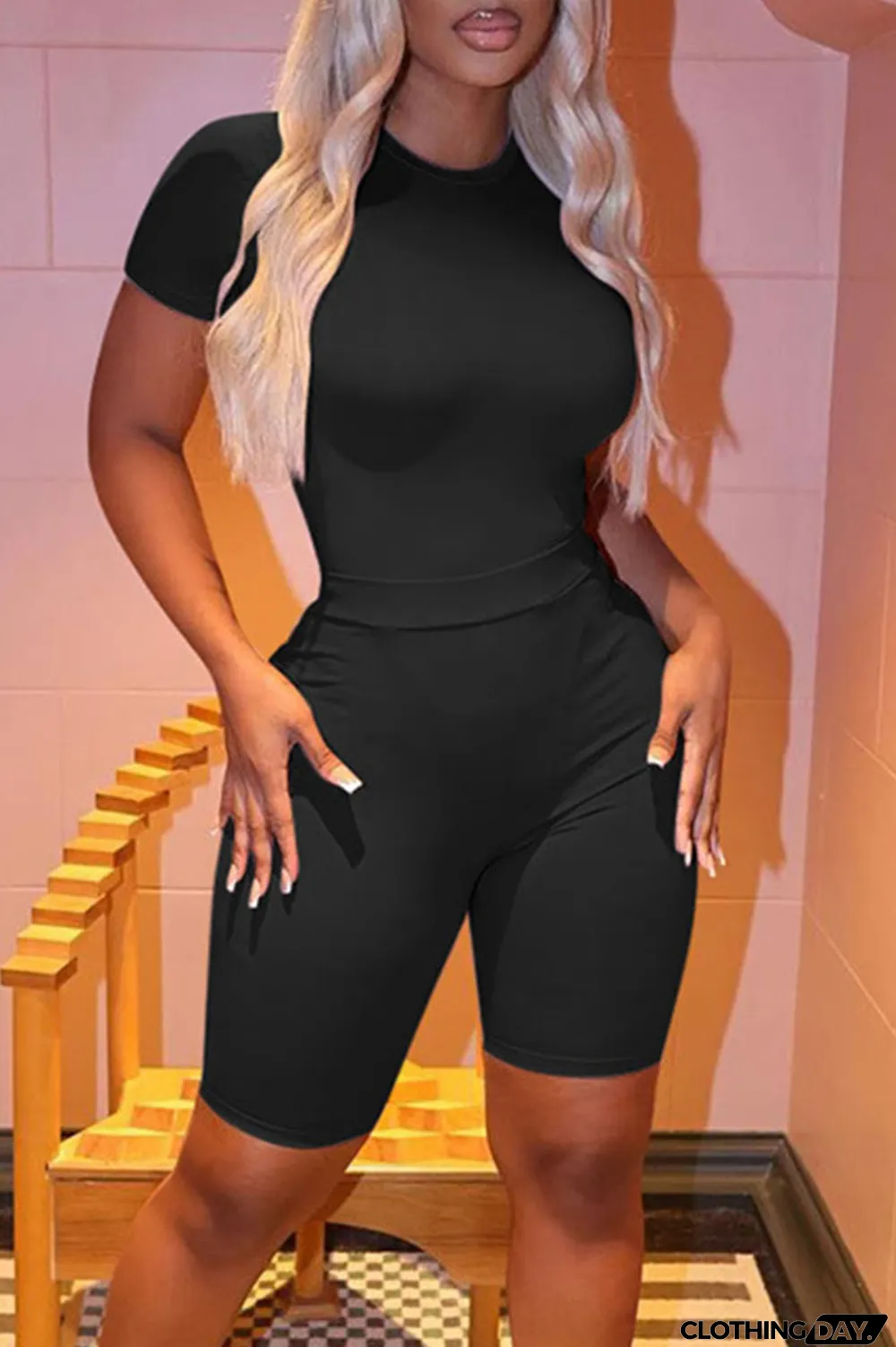 Black Casual Solid Patchwork O Neck Short Sleeve Two Pieces