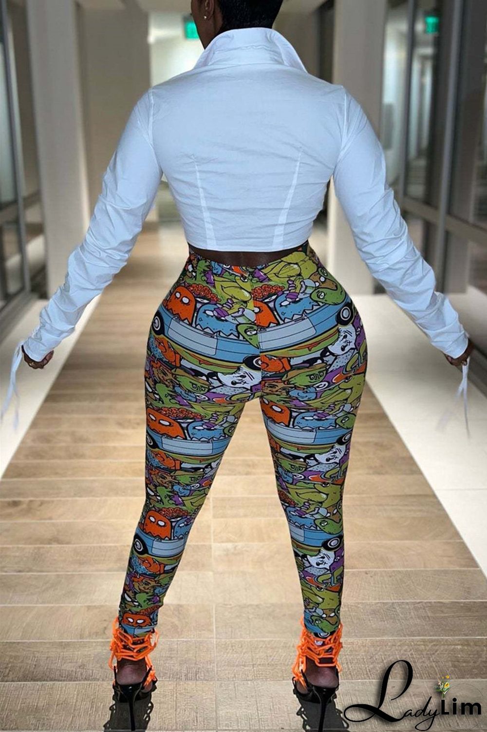 Yellow Fashion Casual Print Basic Skinny High Waist Pencil Trousers