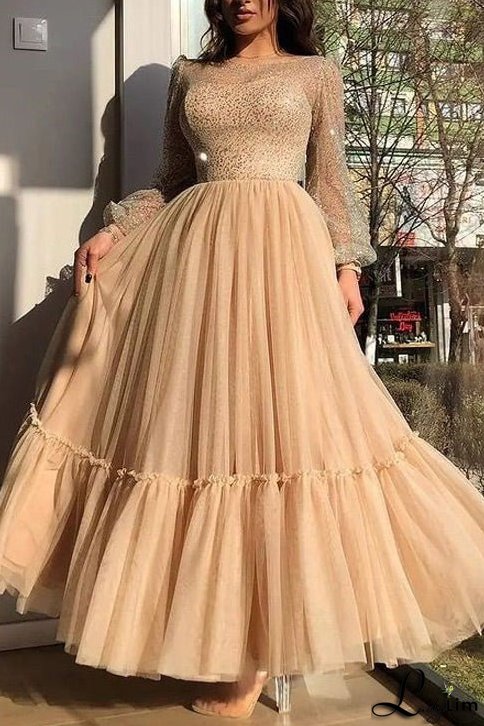 Champagne A-Line Long Sleeve Prom Gown Evening Dress