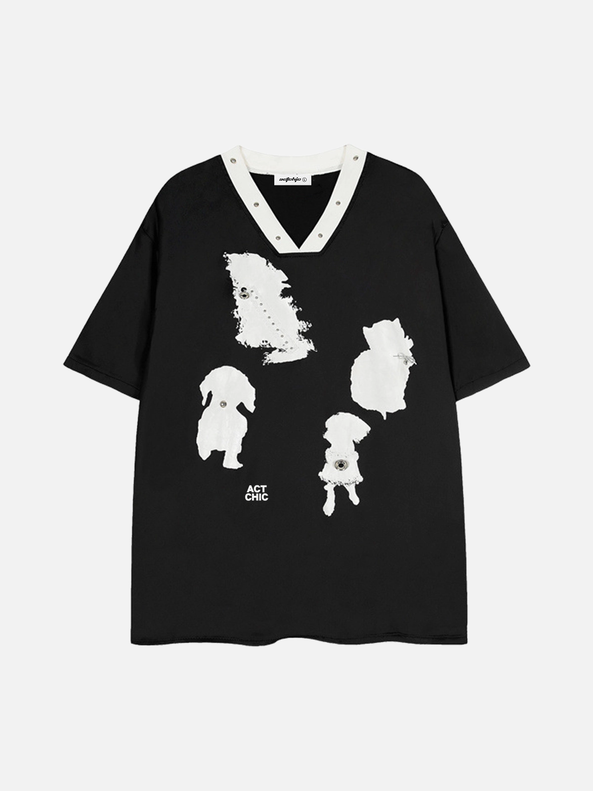 Black Act Chic Rivet Cartoon Animal Silhouette Print Tee Front