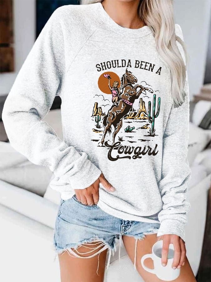 Women's Casual SHOULD A BEEN A COWGIRL Print Round Neck Sweater