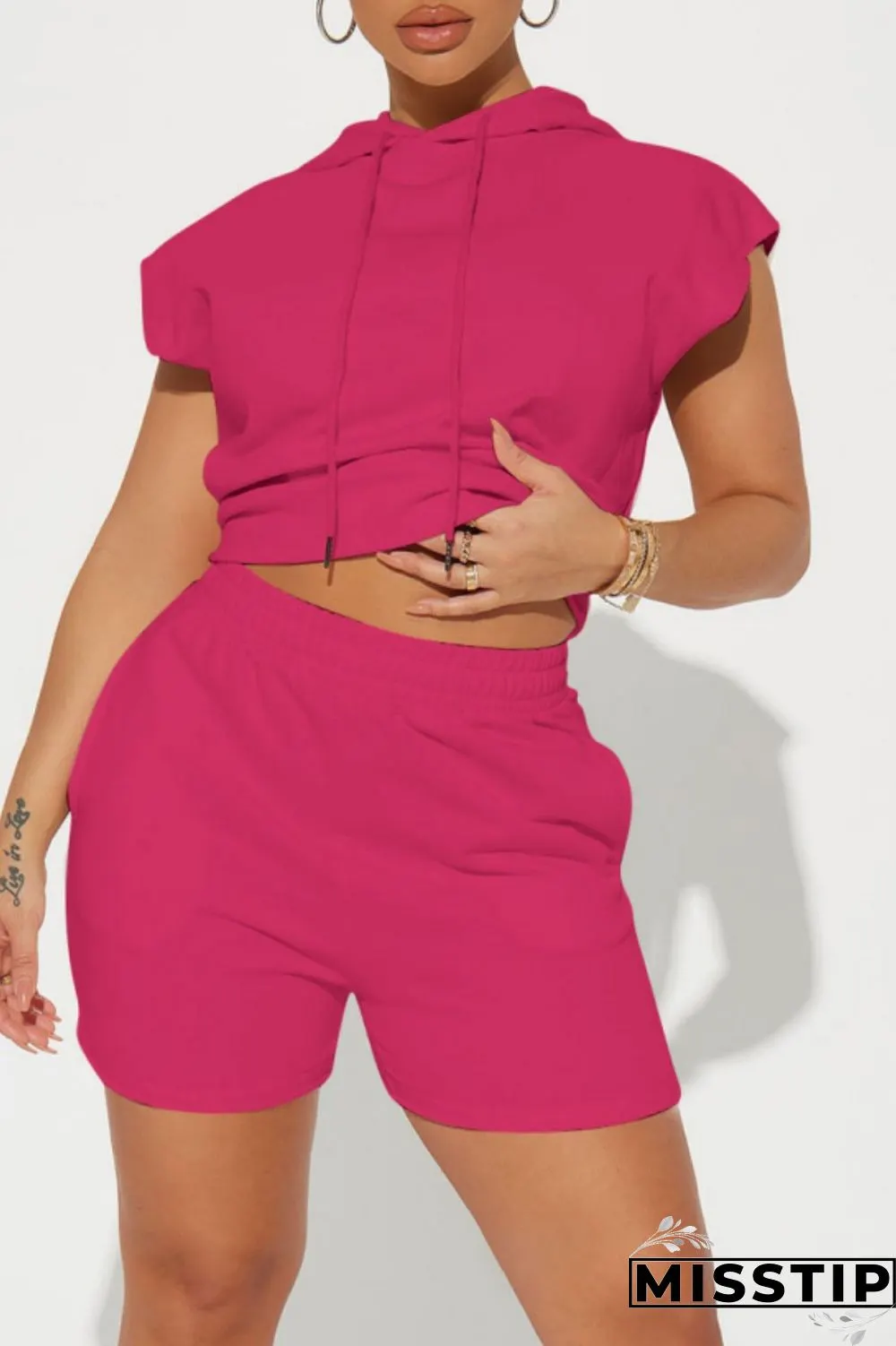 Orange Casual Solid Basic Hooded Collar Sleeveless Two Pieces