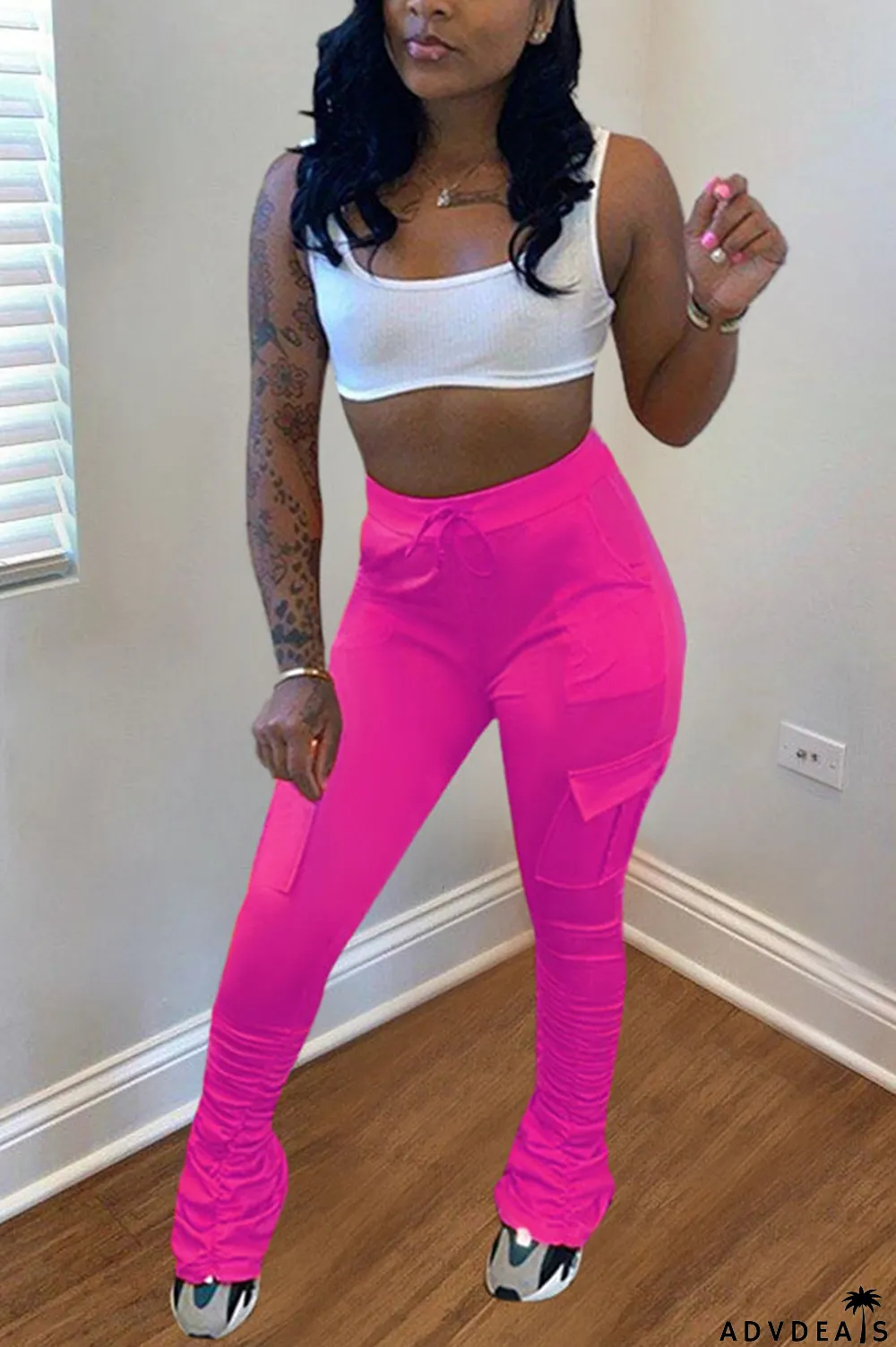 Orange Drawstring High Solid Pocket Draped Boot Cut Pants Bottoms