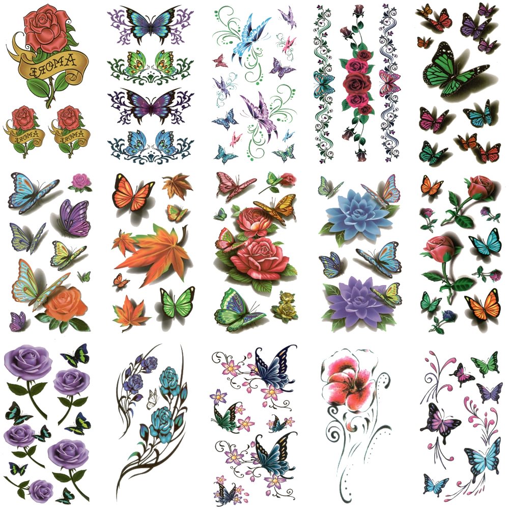 Gingf Temporary Fake Tattoos Stickers,Water Transfer,Colored Butterfly,Flower,Feather,Cat,for Girl Women,Body Art