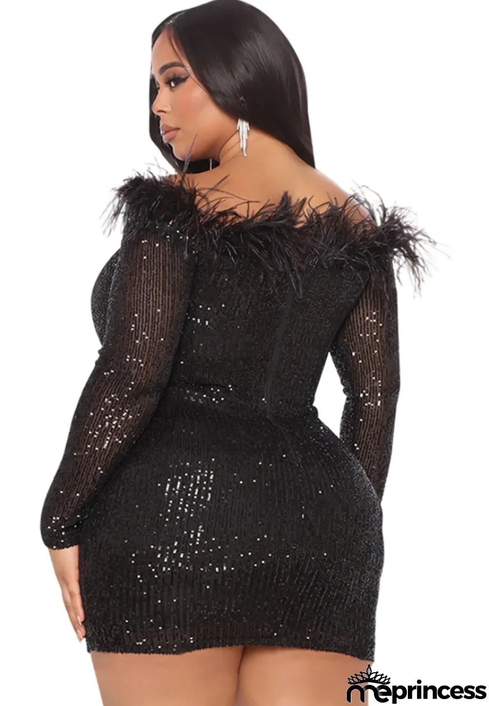 Fall Splus Size Black Sequins Fur Trim Long Sleeve Club Dress