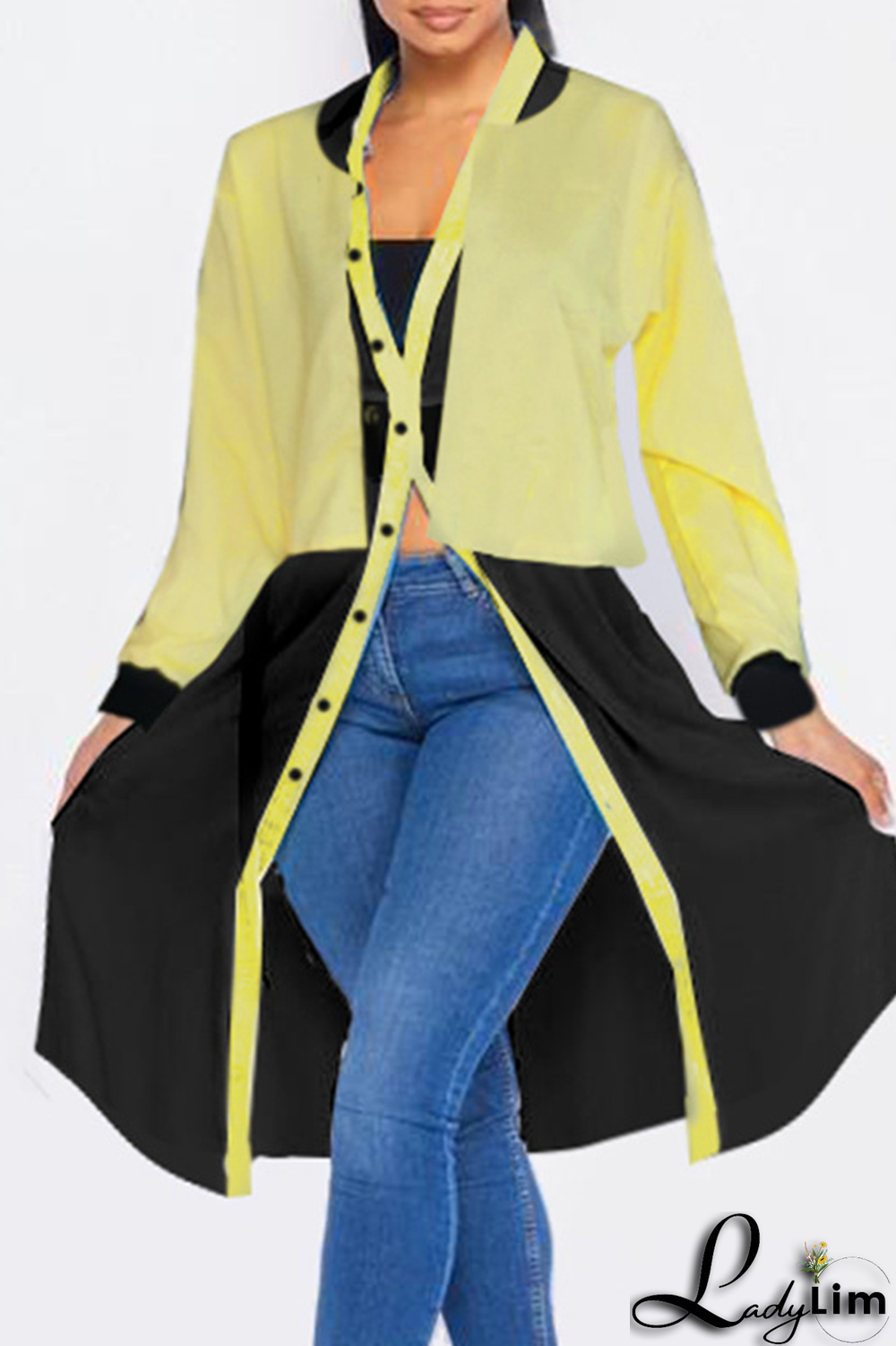 Yellow Casual Solid Split Joint Cardigan Collar Tops