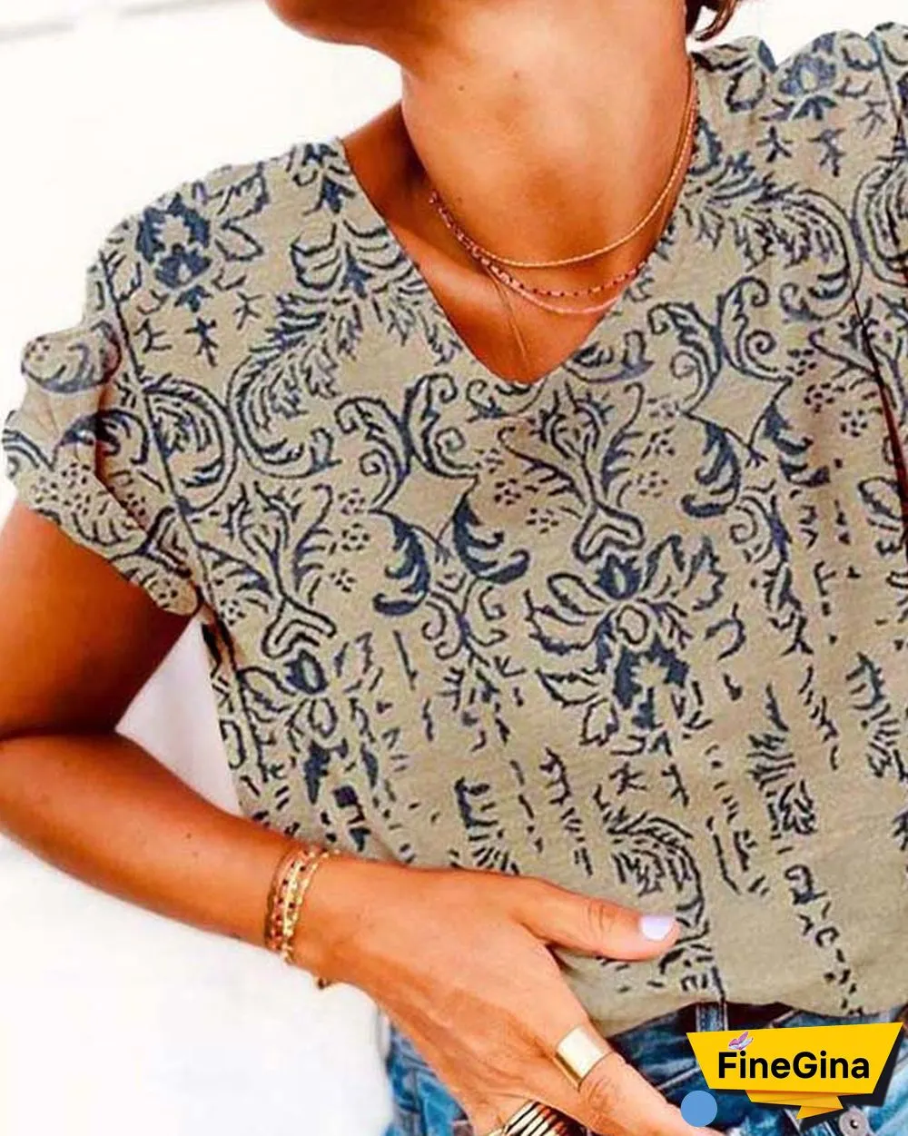 Paisley Short Sleeve Printed Cotton-blend Crew Neck Vintage Summer Beige T-Shirt