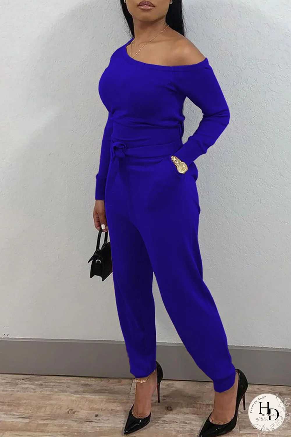 Royal Blue Casual Solid Patchwork Oblique Collar Regular Jumpsuits