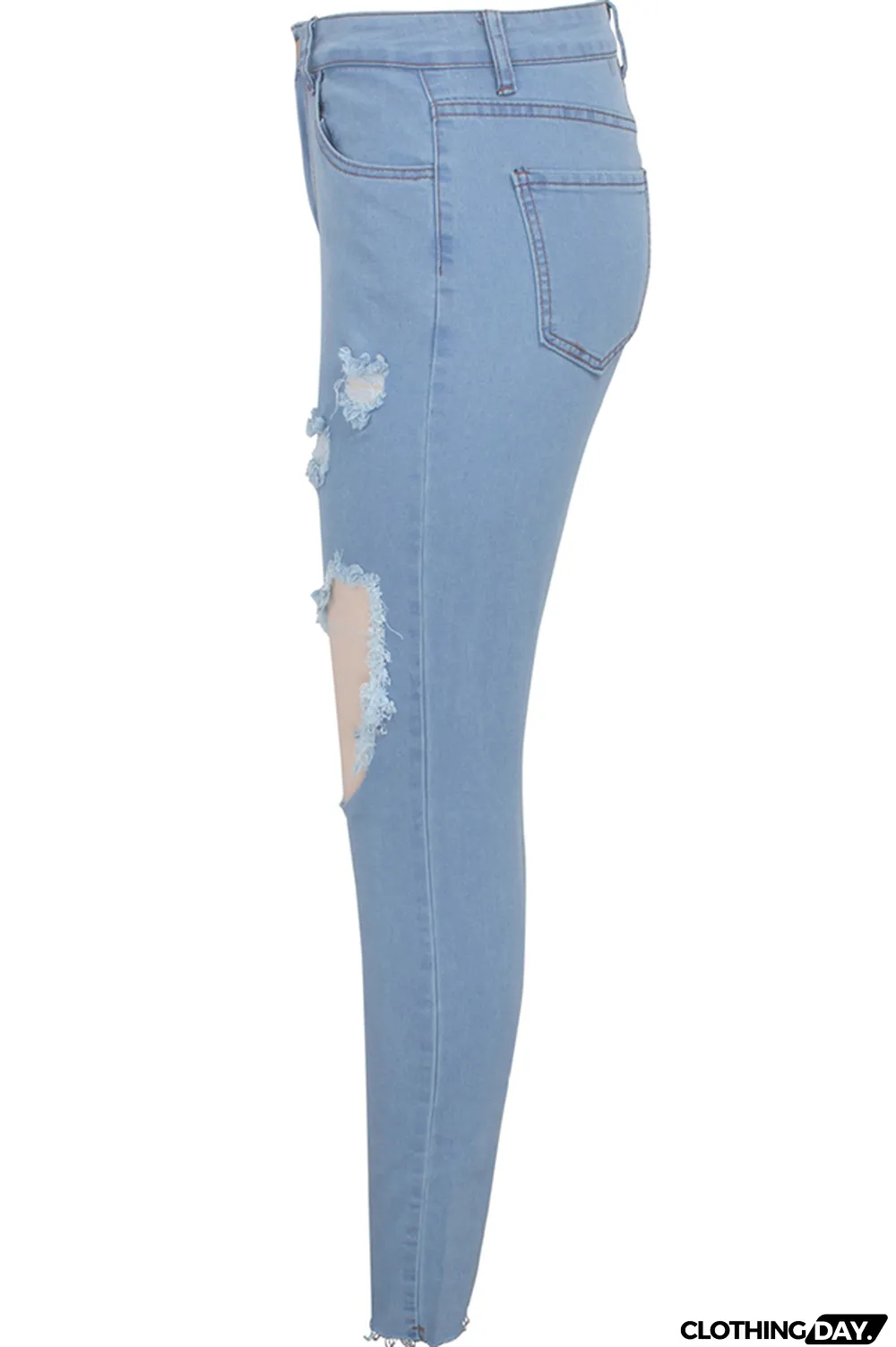 Blue Denim Button Fly Zipper Fly High Zippered Pocket washing Hole pencil Pants Pants