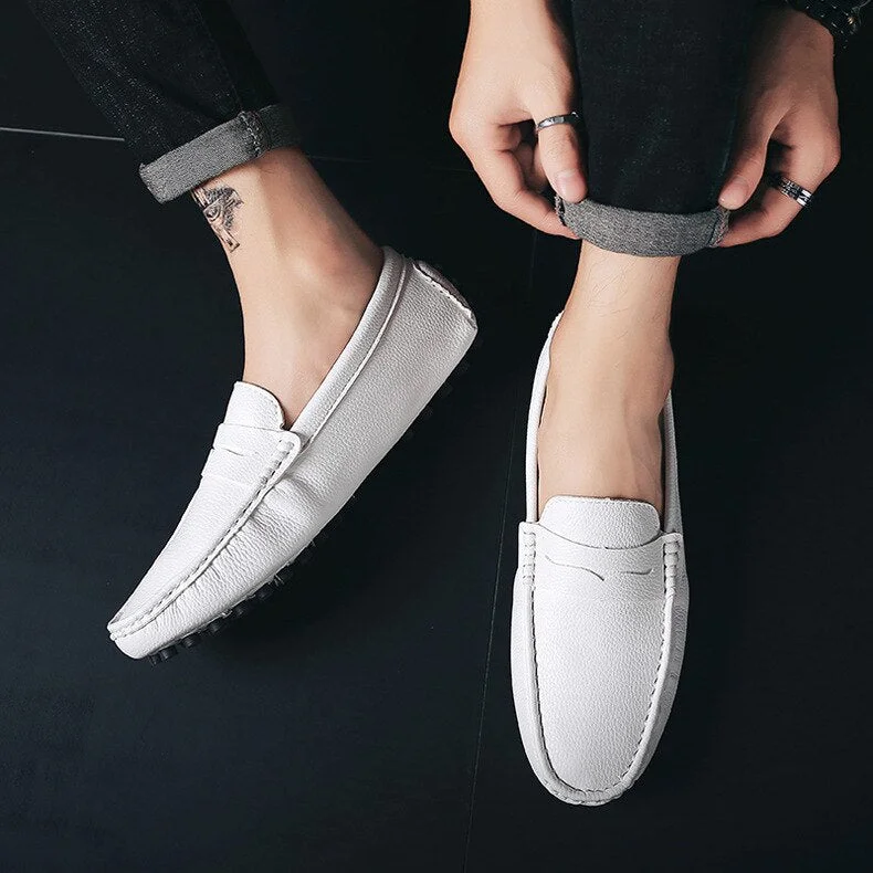 Summer Men's Comfortable Soft-soled Leather Casual Shoes Plus Size Fashion Loafers Men Outdoor Hiking Shoes White Bottom Shoes