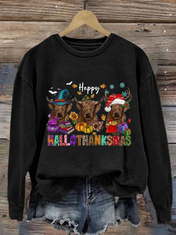 Women'S Happy Hallothanksmas Print Long Sleeve Sweatshirt