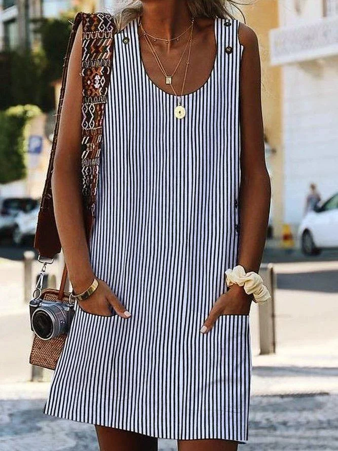 Crew Neck Women Dresses Shift Daily Boho Pockets Striped Dresses | EGEMISS