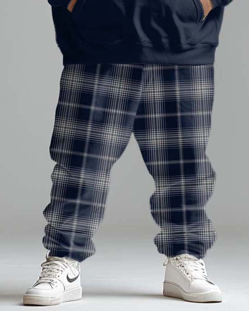 Men's Street Fashion Blue Classic Plaid Spliced Plus Size Hoodie Suit