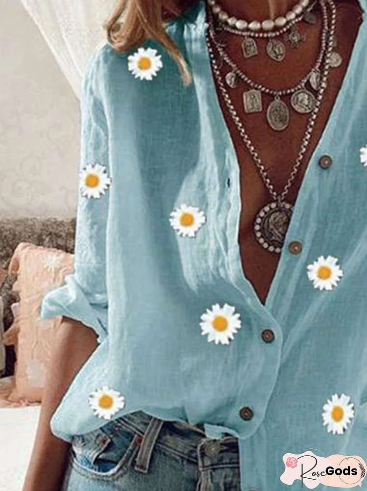 Long Sleeve Shift Floral Shirt Collar Blouse