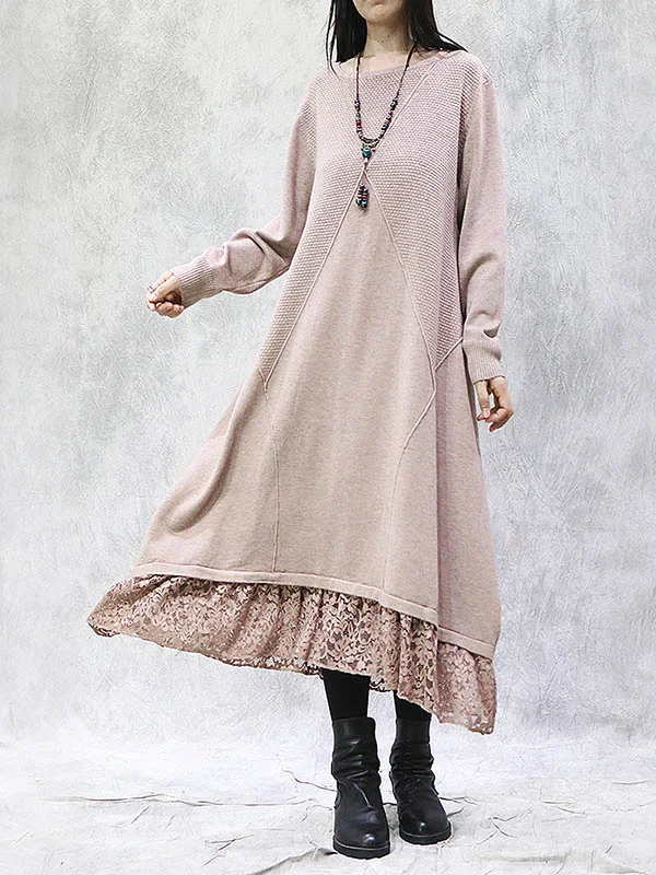 Artistic Retro Pure Color Split-Joint Embroidered Hollow Lace Round-Neck Long Sleeves Knitted Sweater Dress