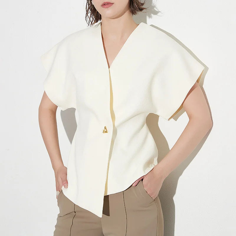 Toloer Toloer Commuter Wind 2024 New V Neck Short Sleeve Waist A Button Door Skirt Asymmetric Thin Pure Color Vest Woman-Outfit Ideas