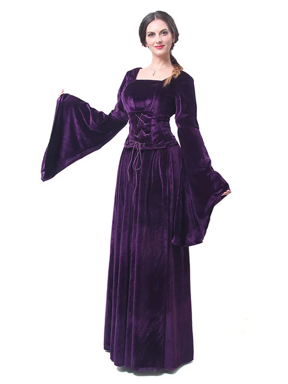 Halloween Costume Women Victorian Dress Medieval Long Trumpet Sleeves Witch Queen Gown Retro Costume  Novameme