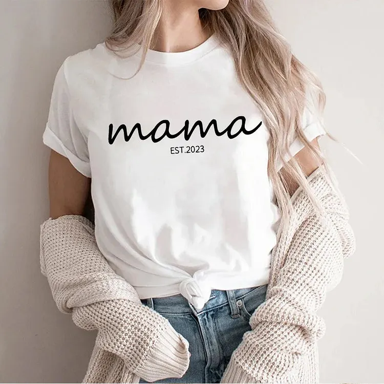 Personalised Chest Text Customization Mama Est Year T-shirt, with Children's Names on the Sleeve, Mother's Day Gift