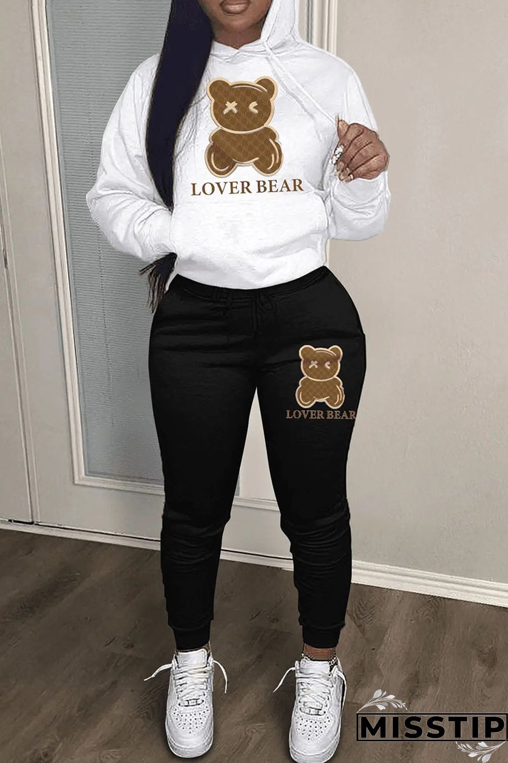 Black And White Casual Print Patchwork Hooded Collar Long Sleeve Two Pieces