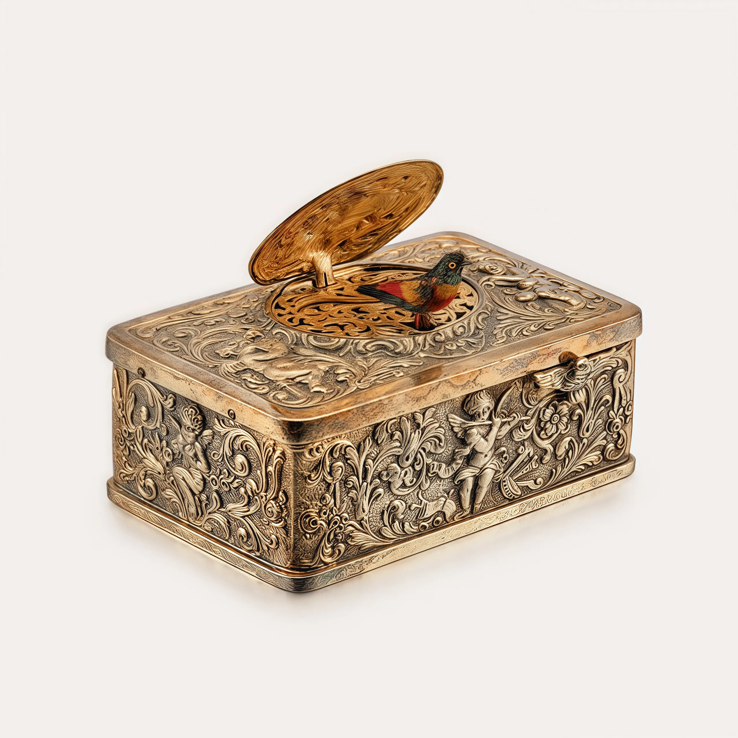 Box open revealing a mechanical bird