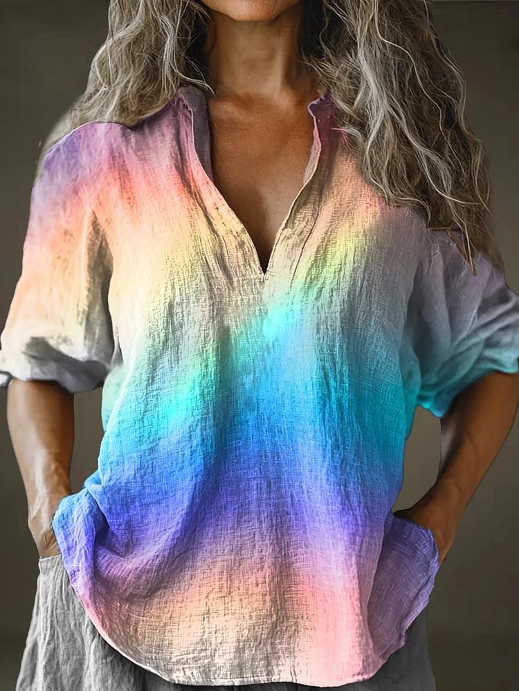 Women's Rainbow Abstract Art Pattern Print Long Sleeve Comfortable Cotton And Linen Shirt