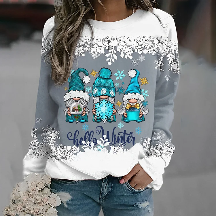 VChics Hello Winter Gnomes Snowflake Long Sleeve Sweatshirt