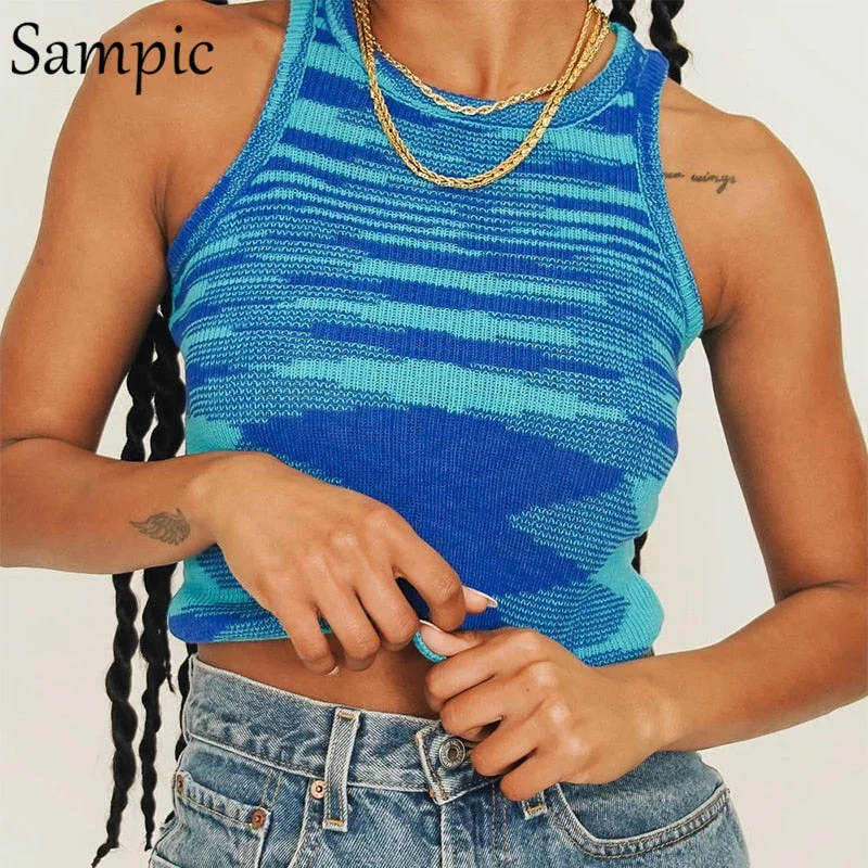 Sampic Sexy Women Sleeveless O Neck Off Shoulder Knitted Crop Tops Casual Sweat Mini Vest Skinny Tie Dye Tank Tops 2021 Summer