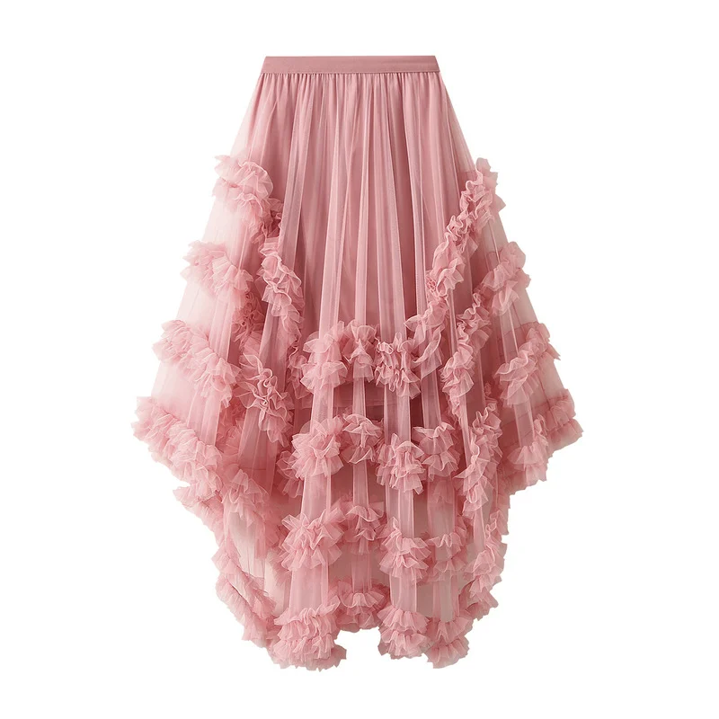 Nigikala Nigikala Skirt Candy Loose Waist Fairy Net Yarn Skirt Fluffy Irregular Lotus Leaf Side Cake Skirt 1376