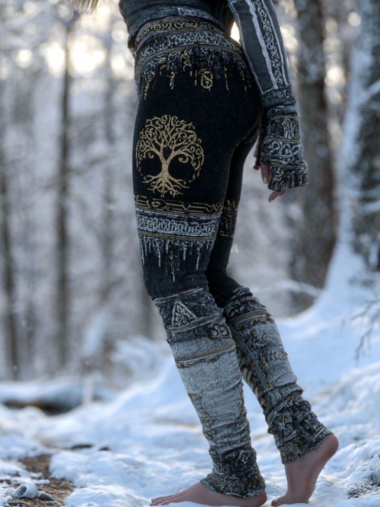 Women's Viking Style Gilded Tree Of Life Gradient Knit Art Leggings elevenforest