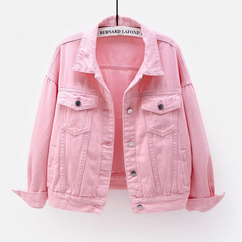 Women's plus size denim jacket spring autumn short coat pink jean jackets casual tops purple yellow white loose outerwear KW02