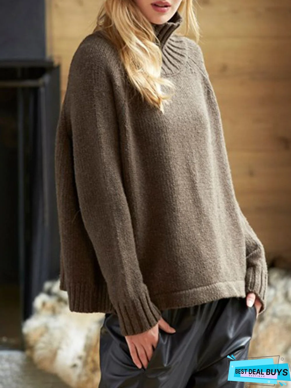 Black-Brown Solid Turtleneck Knitted Long Sleeve Plus Size Sweater