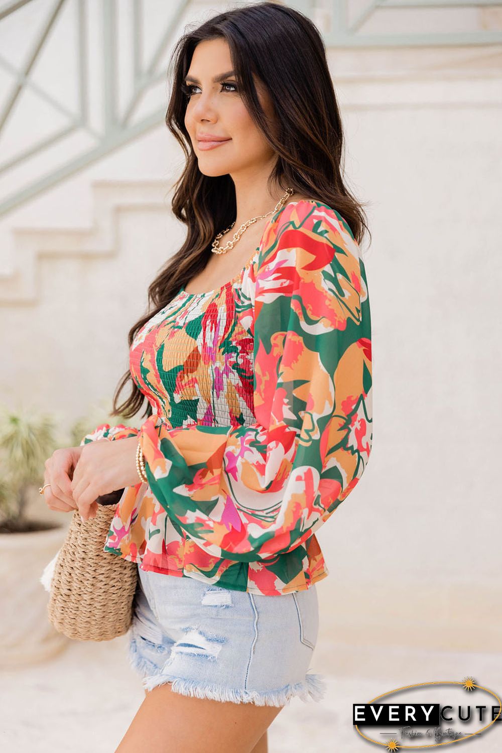 Green Abstract Floral Print Long Sleeve Peplum Blouse