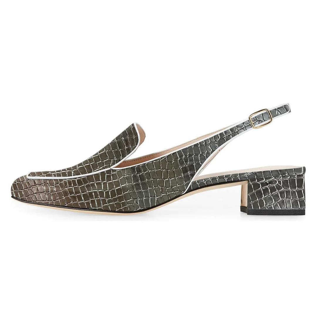 Chic Grey Gradient Embossed Slingback Chunky Heeled Loafers