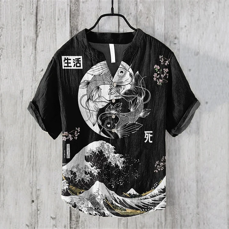 Japanese Waves & Koi Art Linen Blend Shirt