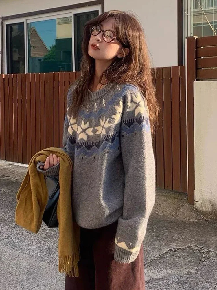 Oocharger Vintage Harajuku Print Sweater Women Japan Preppy Style Knitted Jumper Lazy Wind Loose Long Sleeve Retro O Neck Tops New