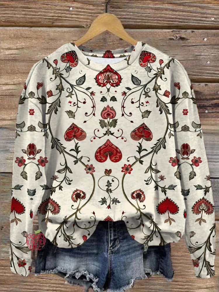 Valentine'S Day Vintage Heart Flower Pattern Crew Neck Sweatshirt