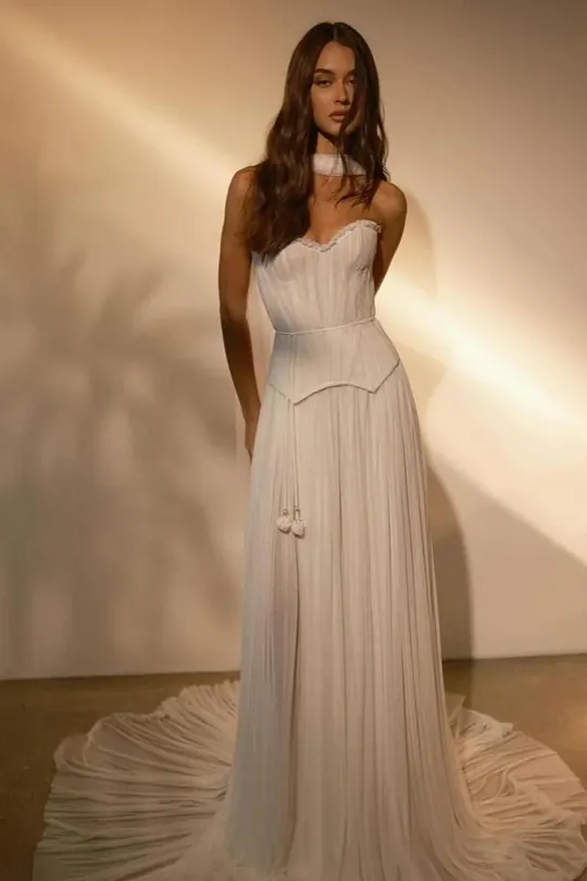 chic beige pleated strapless contrast color stitching prom dress zt0609 Hot Selling Dresses Medium/15-15.5 Neck/34-35 Sleeve Matching Maxi Dresses | Size:46 US (56 EU)